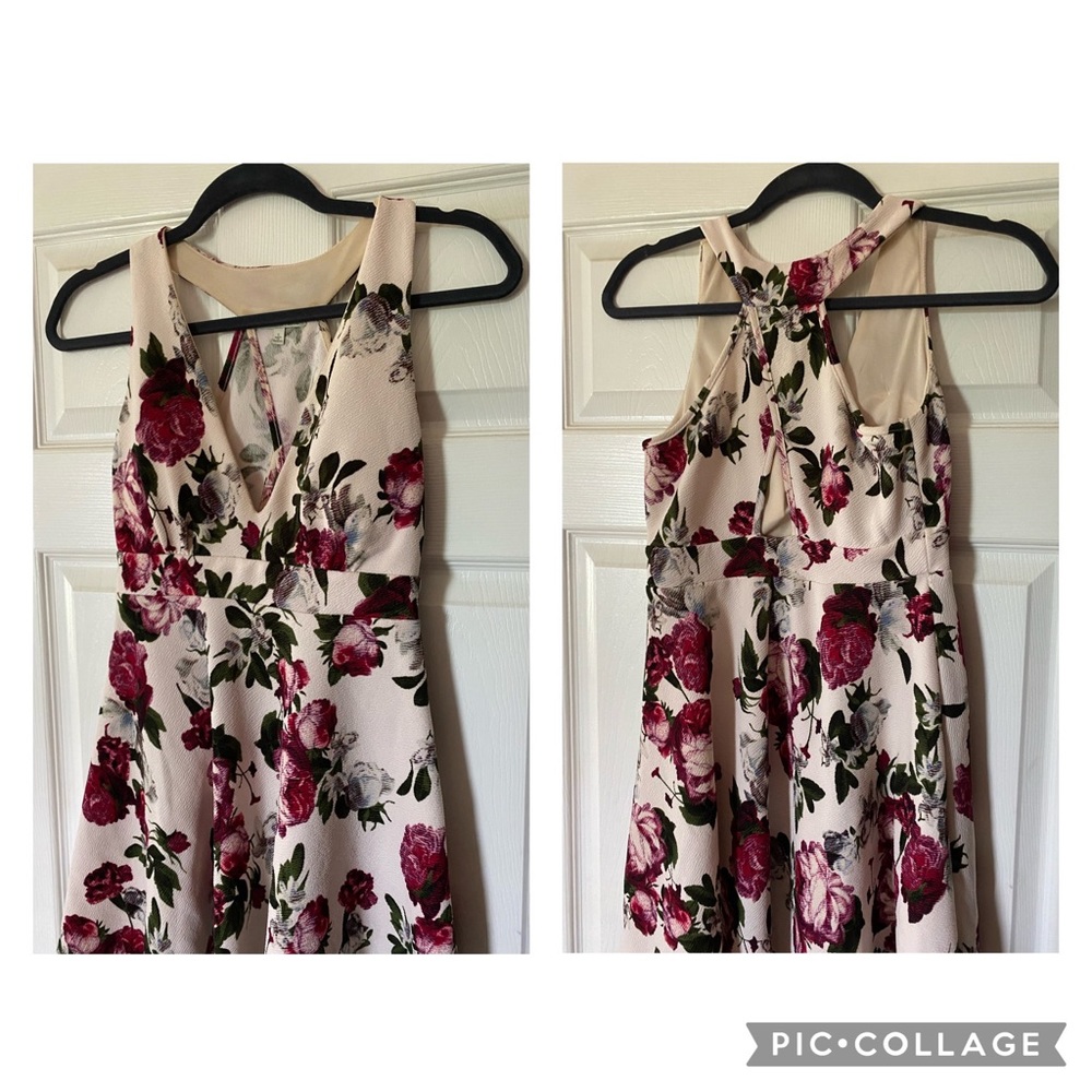 Nude floral dress. Maroon and light blue flowers.